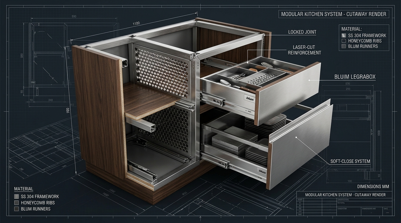 SS 304 Stainless Steel Kitchen Cabinet Skeleton